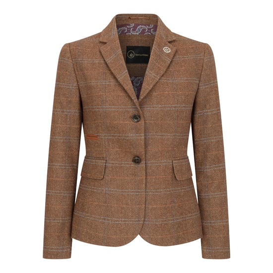 Conjunto de dos piezas para mujer, blazer de tweed y chaleco en espiga de cuadros en color marrón roble - Image 2