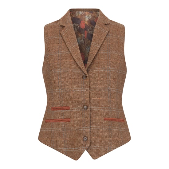 Conjunto de dos piezas para mujer, blazer de tweed y chaleco en espiga de cuadros en color marrón roble - Image 3