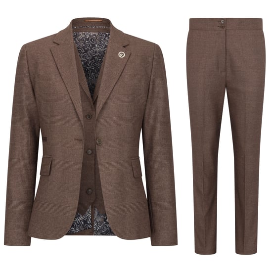 Traje de tres piezas marrón para mujer, entallado, con cuadros Príncipe de Gales - Image 1