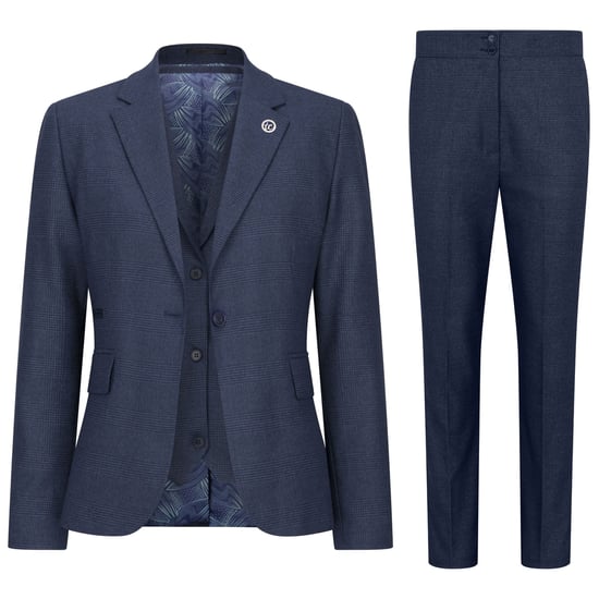 Traje de tres piezas azul marino a medida para mujer con cuadros Príncipe de Gales - Image 1
