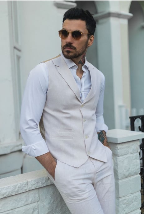 Chaleco y pantalones de lino formales para hombre en color crema y beige - Conjunto de verano de 2 piezas - Image 5