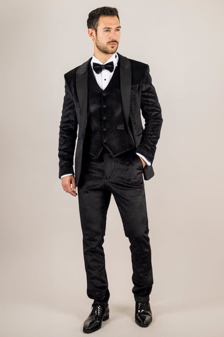 Terno formal de novio de terciopelo negro de 3 piezas para hombre - Image 2
