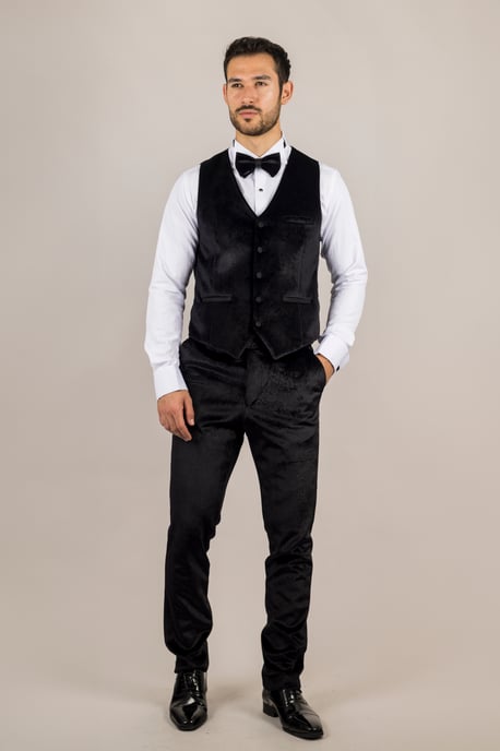 Terno formal de novio de terciopelo negro de 3 piezas para hombre - Image 3