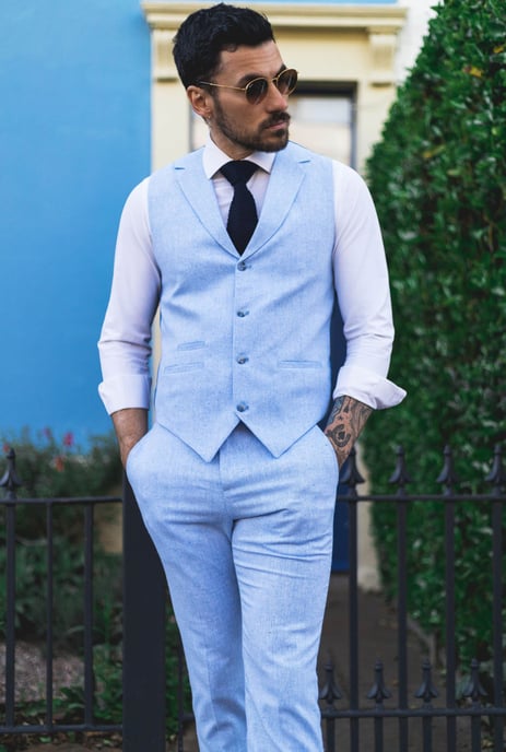Conjunto de dos piezas de verano para hombre, chaleco y pantalones formales de lino azul claro - Image 1