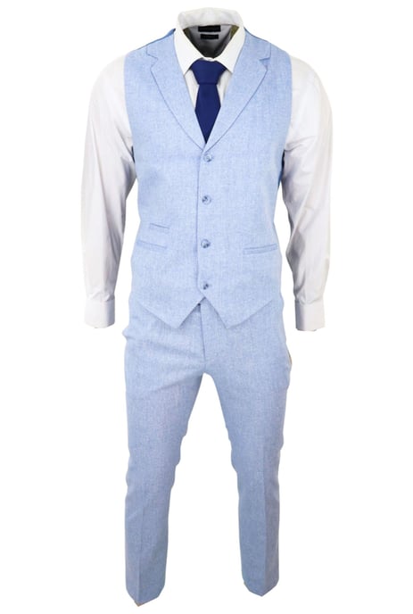 Conjunto de dos piezas de verano para hombre, chaleco y pantalones formales de lino azul claro - Image 2