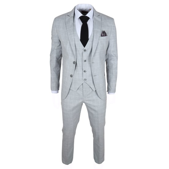 Traje de tres piezas para hombre en gris con cuadros, ajuste entallado - Image 1