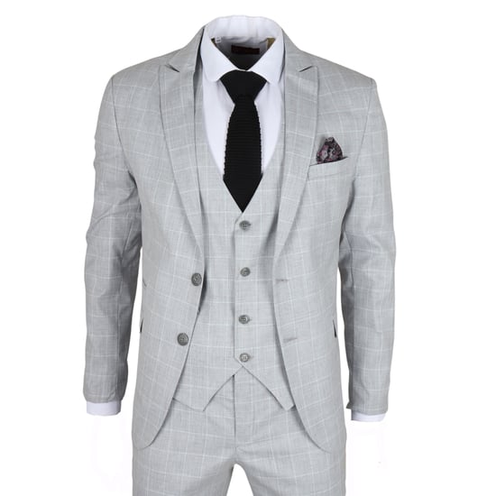 Traje de tres piezas para hombre en gris con cuadros, ajuste entallado - Image 3
