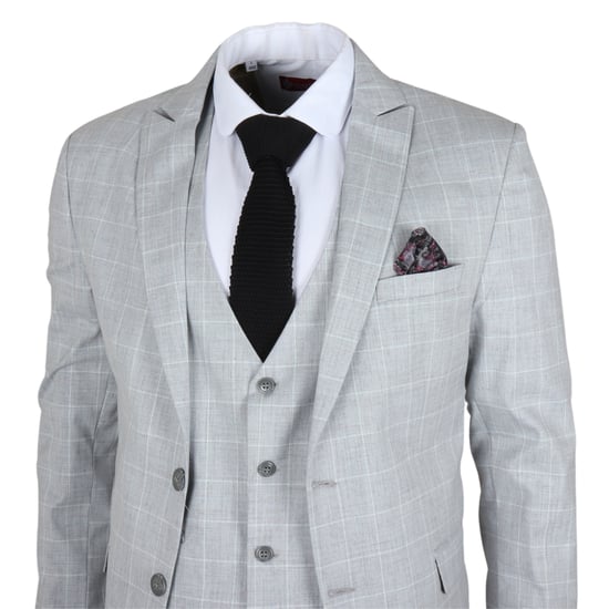 Traje de tres piezas para hombre en gris con cuadros, ajuste entallado - Image 4