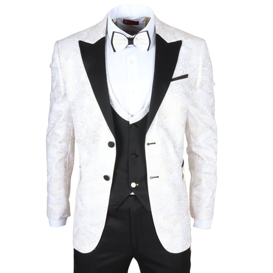 Traje de boda para hombre de 4 piezas en blanco con estampado paisley, ajuste a medida - Image 1