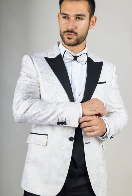 Traje de boda para hombre de 4 piezas en blanco con estampado paisley, ajuste a medida - Image 2
