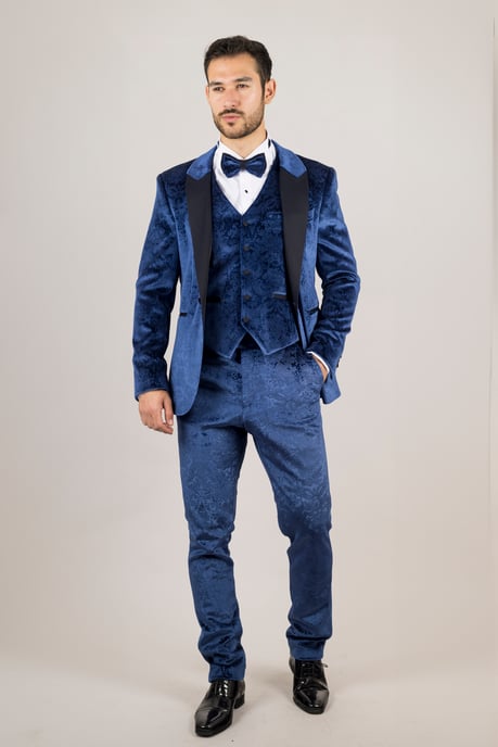 T traje de boda formal de terciopelo azul para hombre de 3 piezas - Image 2