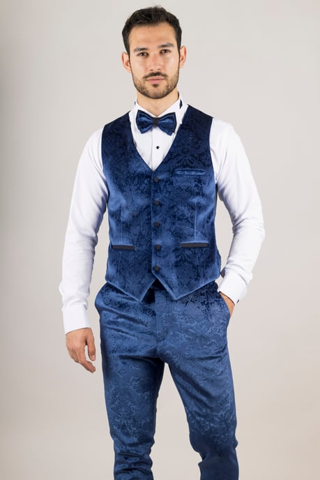 T traje de boda formal de terciopelo azul para hombre de 3 piezas - Image 3