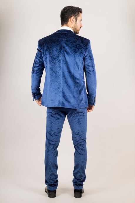 T traje de boda formal de terciopelo azul para hombre de 3 piezas - Image 4