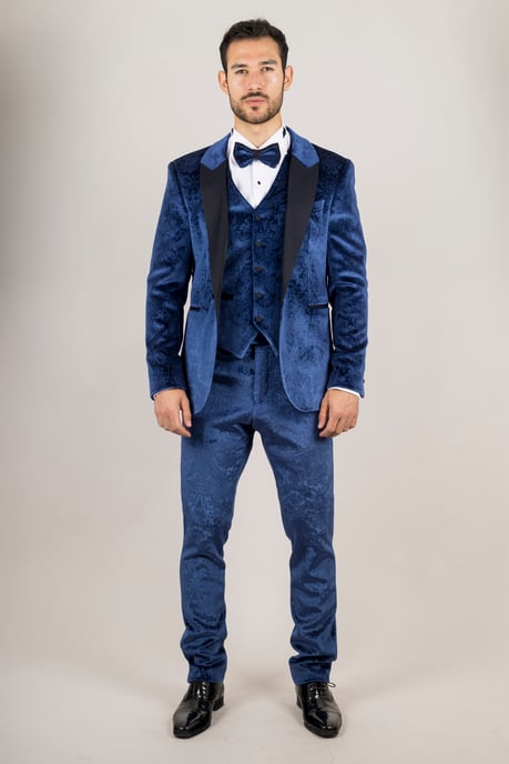 T traje de boda formal de terciopelo azul para hombre de 3 piezas - Image 5