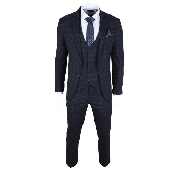 Traje de 3 piezas para hombre a cuadros en azul marino, corte entallado - Image 1