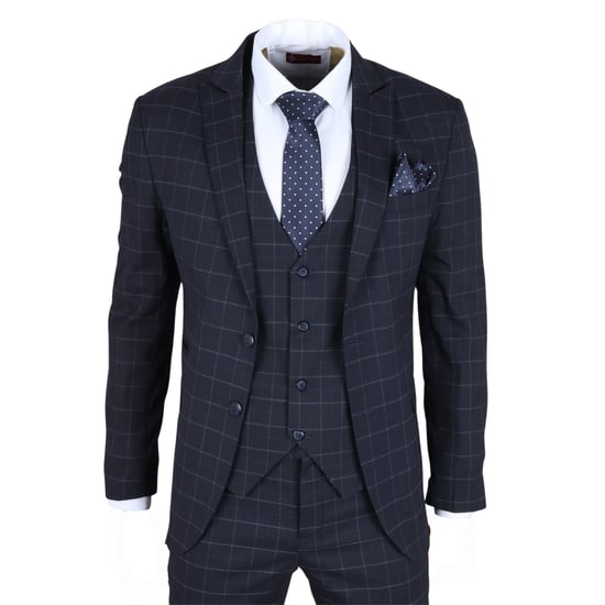 Traje de 3 piezas para hombre a cuadros en azul marino, corte entallado - Image 3