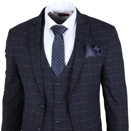 Traje de 3 piezas para hombre a cuadros en azul marino, corte entallado - Image 4
