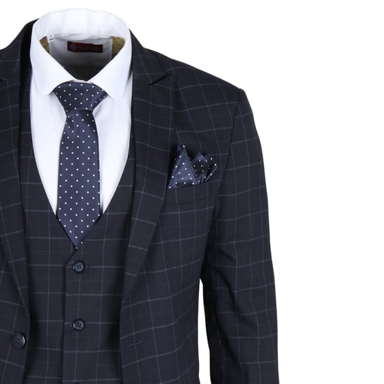 Traje de 3 piezas para hombre a cuadros en azul marino, corte entallado - Image 6