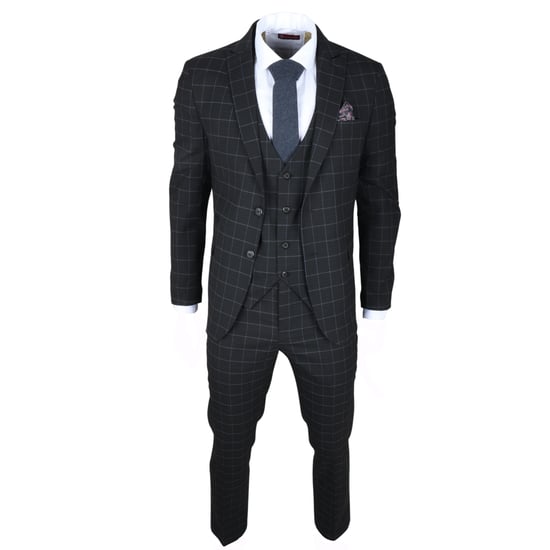 Traje de tres piezas ajustado para hombre con cuadros negros - Image 1