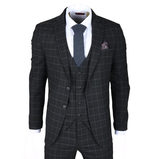 Traje de tres piezas ajustado para hombre con cuadros negros - Image 3