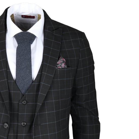 Traje de tres piezas ajustado para hombre con cuadros negros - Image 6