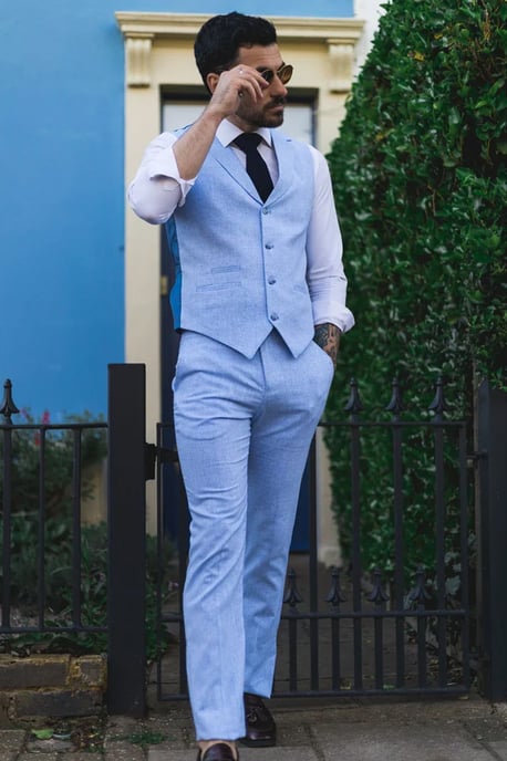 Conjunto Formal de Verano para Hombre de 2 Piezas Chaleco de Lino Pantalones Azul - Image 2