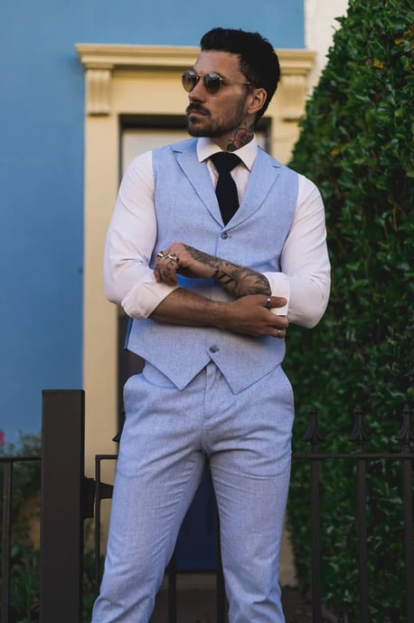 Conjunto Formal de Verano para Hombre de 2 Piezas Chaleco de Lino Pantalones Azul - Image 3