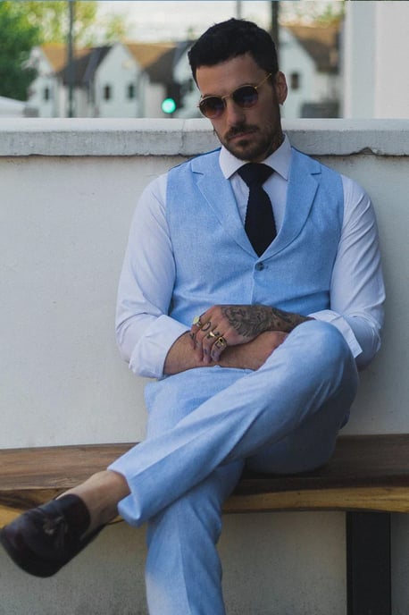 Conjunto Formal de Verano para Hombre de 2 Piezas Chaleco de Lino Pantalones Azul - Image 4