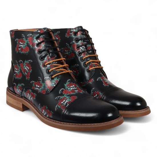 Botines Oxford de piel con estampado floral y calavera negra para hombre de Justin Reess - Adam Skull - Image 2