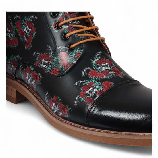 Botines Oxford de piel con estampado floral y calavera negra para hombre de Justin Reess - Adam Skull - Image 4
