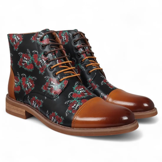 Botines Oxford de piel con estampado floral y calavera marrón de Justin Reess para hombre - Adam Skull - Image 2