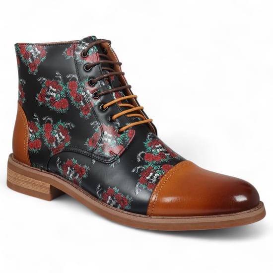 Botines Oxford de piel con estampado floral y calavera marrón de Justin Reess para hombre - Adam Skull - Image 4