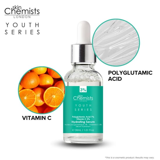 skinChemists Serie Juventud Suero Hidratante Ácido Poliglutámico 1%, Vitamina C 3% 30ml x 2 Paquete Dúo - Image 4