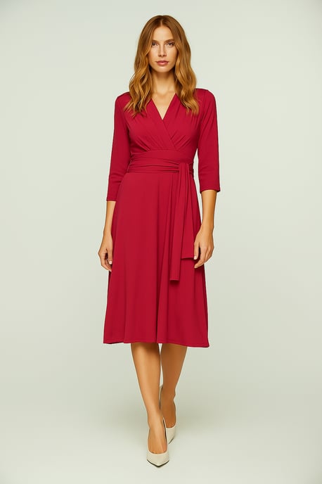 Vestido cruzado con cuello en V y manga 3/4 Burdeos – Jersey de viscosa suave - Image 2
