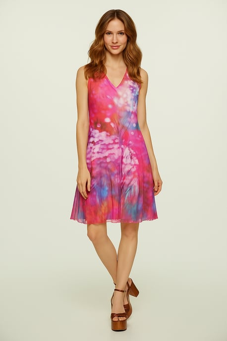 Vestido evasé sin mangas para mujer: estampado abstracto multicolor, algodón forrado con capa de nailon transparente - Image 2