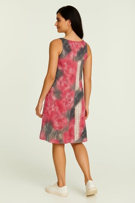 Vestido midi sin mangas: estampado abstracto en rojo, malla de nailon transparente, totalmente forrado en algodón - Image 4