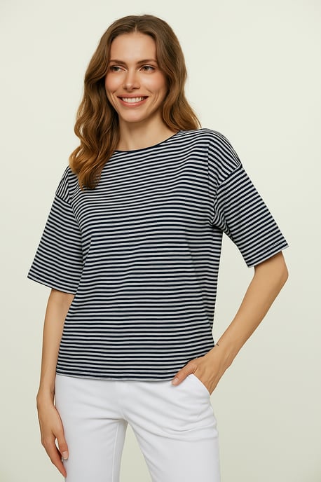 Top oversize de rayas de viscosa y elastano con mangas al codo - Image 2