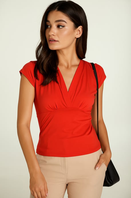 Top de punto rojo sin mangas con cuello en V – Tejido elástico en mezcla de algodón - Image 2