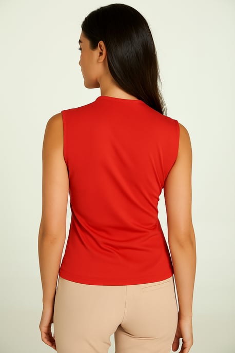 Top de punto rojo sin mangas con cuello en V – Tejido elástico en mezcla de algodón - Image 4