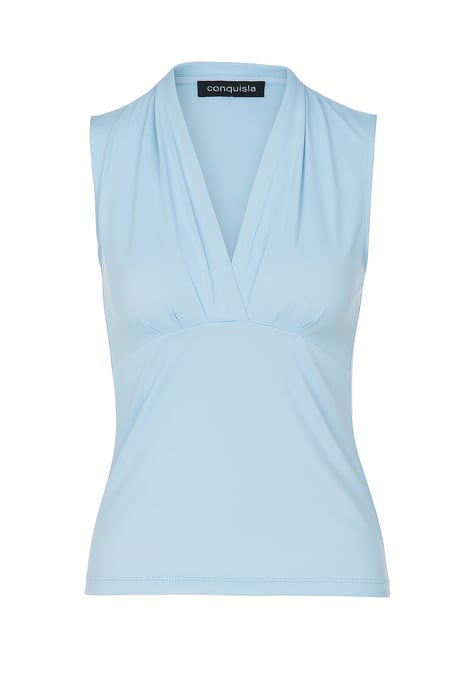 Top entallado con cuello en V, sin mangas, azul claro - Tejido suave de mezcla de viscosa - Image 1