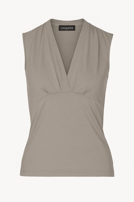 Top ajustado sin mangas con cuello en V color topo - Tejido suave de mezcla de viscosa - Image 1