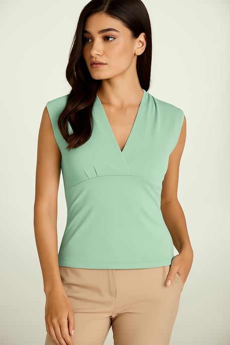 Top entallado con cuello en V, sin mangas, color verde plateado - Tejido suave de mezcla de viscosa - Image 3