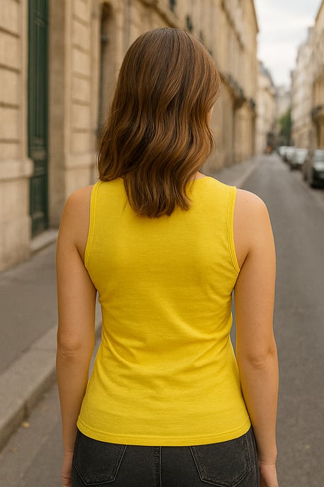 Top de punto amarillo sin mangas con cuello en V – Tejido elástico en mezcla de algodón - Image 3