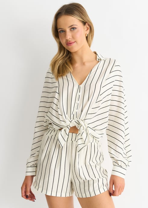 Crema Camisa de manga larga a rayas Batwing - Image 2