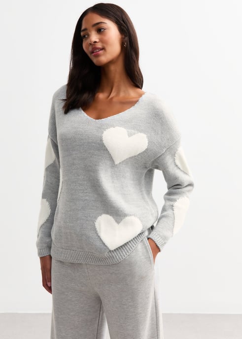 Jersey de punto con corazón oversize y cuello en V gris - Image 3