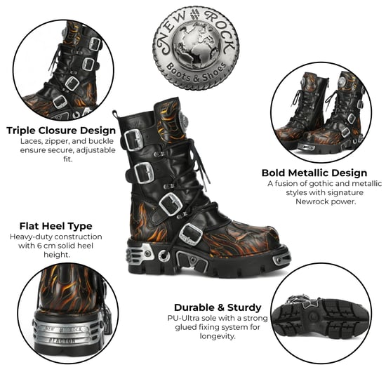Botas góticas de media caña New Rock M-591-C58 de cuero negro flameado metalizado - Image 2