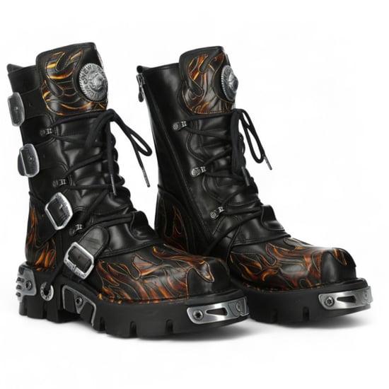 Botas góticas de media caña New Rock M-591-C58 de cuero negro flameado metalizado - Image 3