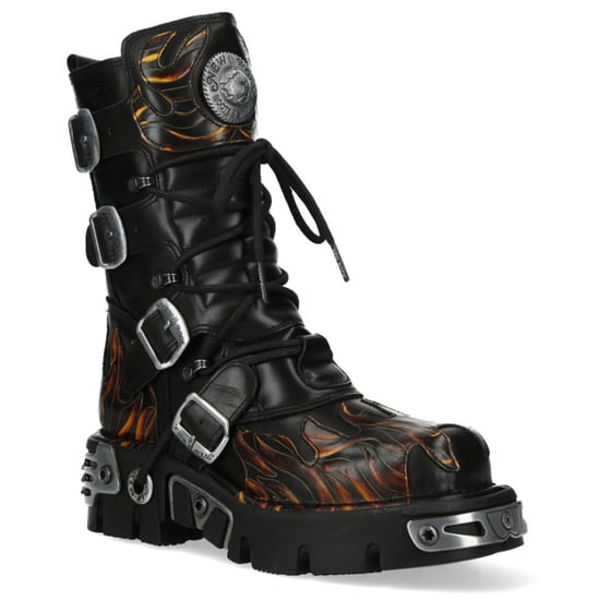 Botas góticas de media caña New Rock M-591-C58 de cuero negro flameado metalizado - Image 4