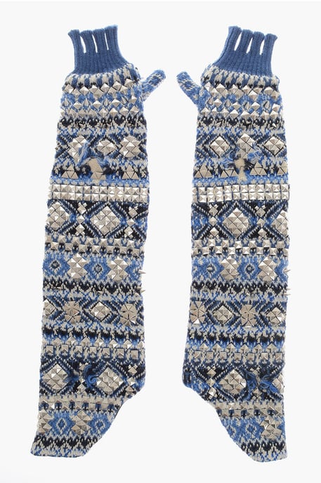 Guantes de punto sin dedos, largos y cálidos, con tachuelas, en azul, blanco, azul y multicolor. - Image 1
