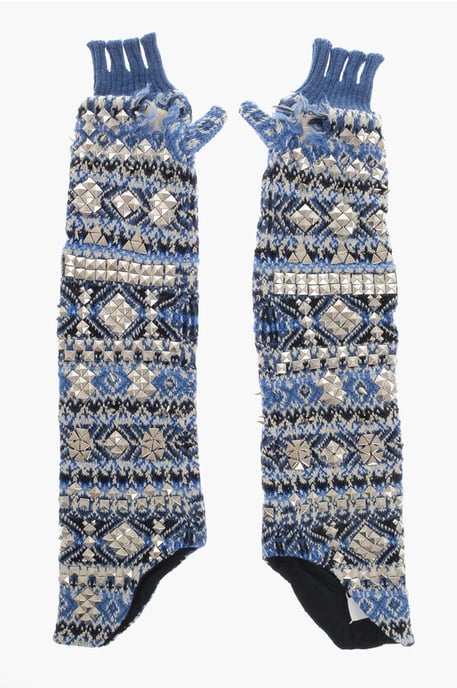 Guantes de punto sin dedos, largos y cálidos, con tachuelas, en azul, blanco, azul y multicolor. - Image 3